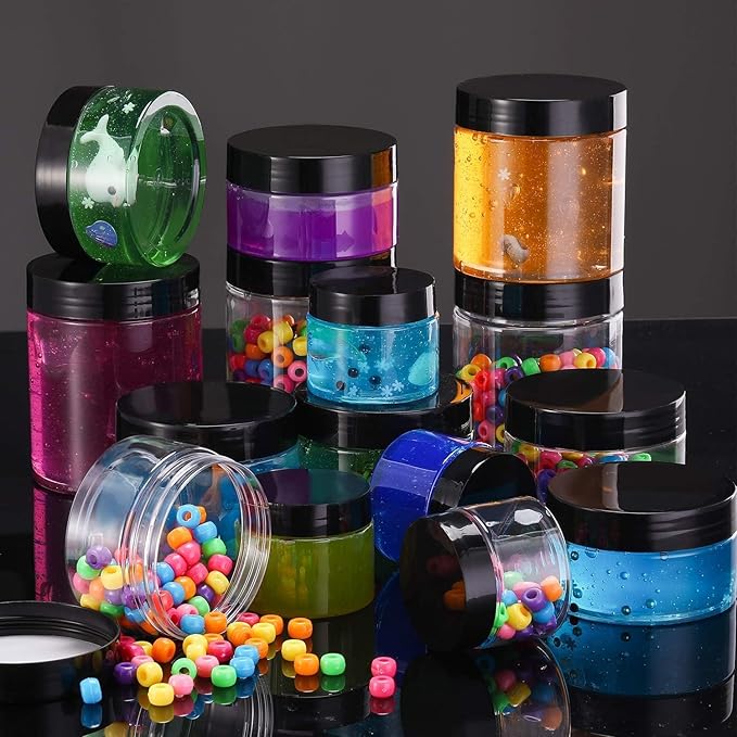 SATINIOR 12 Pack 4 oz Plastic Container Jars with Lids Round Clear Travel Cosmetic Container Slime Jars for Toiletries, Lotion, Cream, Ointments, Makeup, Rhinestone, Samples, Kitchen Storage(Black)