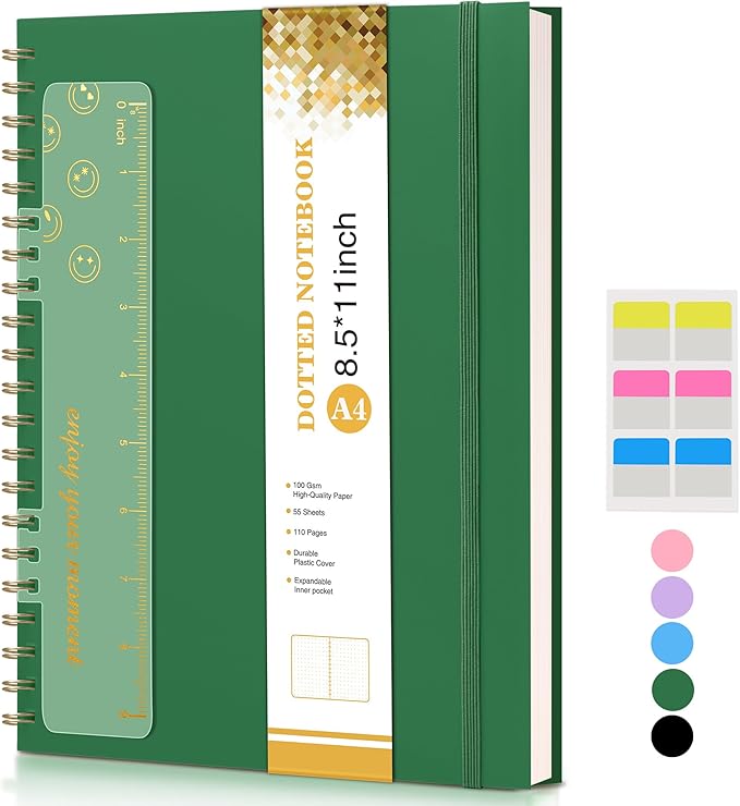 Dotted Notebook, Spiral Notebook Journal 8.5” x 11”, A4 Large Dot Grid Notebooks for Women Men, 100 GSM Dotted Paper, Plastic Hardcover Spiral Bullet Journals for Work School Sketching, Green