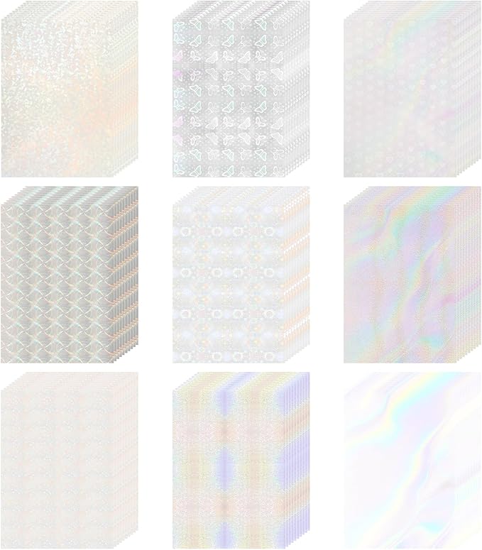 STARVAST 90 Sheets Holographic Sticker Paper, Transparent Holographic Vinyl Laminate Sheets, Self Adhesive A4 Size Printable Holographic Paper with Gem Rainbow Spot Star Patterns