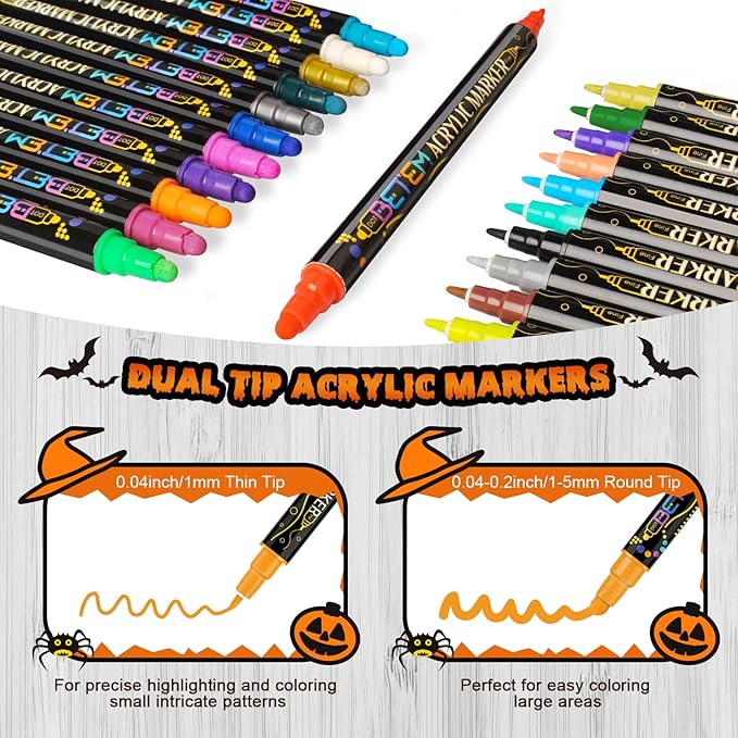 Betem 12 Colors Dual Tip Acrylic Paint Pens Markers, Premium Acrylic Paint Pens for Halloween Decorations, Wood, Canvas, Stone, Rock Painting, Glass, Ceramic Surfaces, Pumpkin Painting Kit DIY Crafts