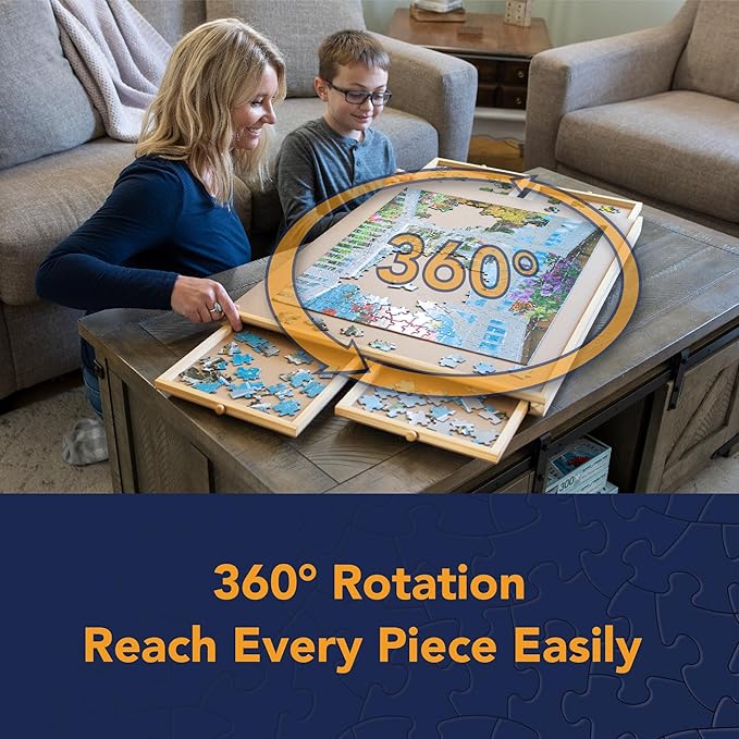 Bits and Pieces Rotating Puzzle Board with Drawers – 1500 Piece Jigsaw Puzzle Table Organizer with Lazy Susan Spinner – The Original Premium Wooden Puzzle Board for Adults, Portable & Durable Design