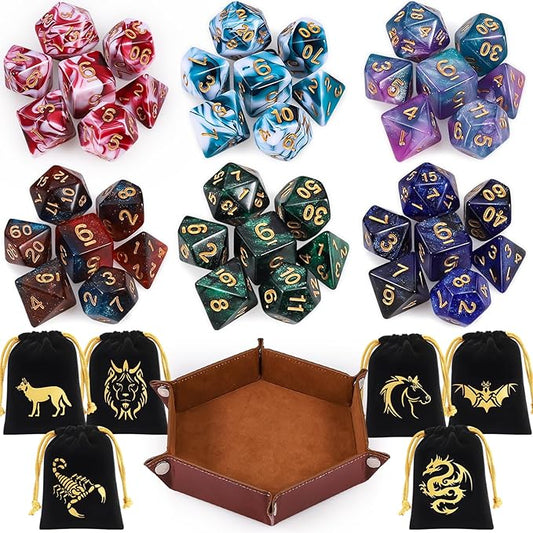 CiaraQ DND Dice Set, Double-Colors Polyhedral Dice (42 Pieces) with 6 Pattern Bags and PU Leather Tray for Dungeons Dragons D&D RPG MTG Table Games