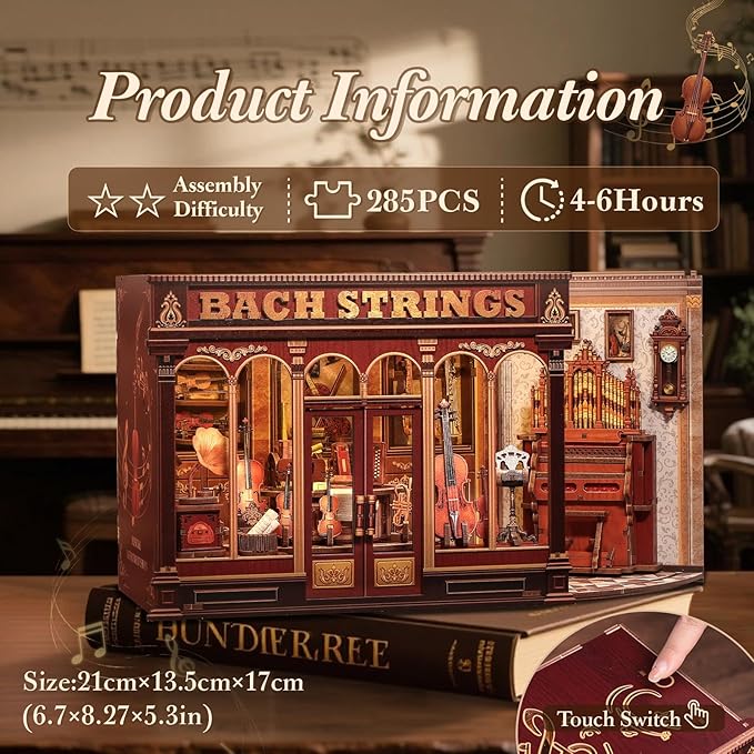 CUTEBEE Book Nook Kit - DIY Miniature House Dollhouse Kit for Adult and Teens, Booknook Bookshelf Decor Alley Model Build with LED Light, Gifts for Family and Friends (Bach Strings)