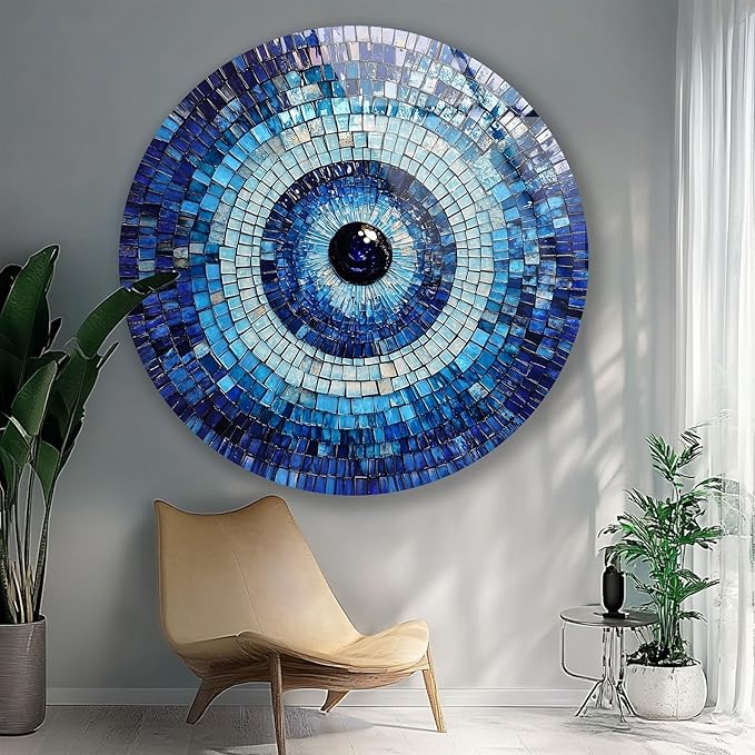 My Photostation.com 27.5''(70cm) Diameter Blue Mosaic Evil Eye Round Glass Wall Art Tempered Glass Printing Wall Decor Large Wall Art Wall Hangings