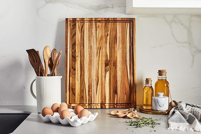 Sonder Los Angeles, Large Teak Wood Cutting Board for Kitchen with Juice Groove, Reversible Charcuterie Butcher Block 18x14x1.25 in (Gift Box Included)