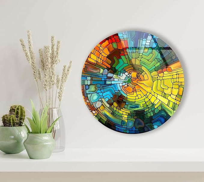 My Photostation.com 10''(25cm) Diameter Stained Yellow Round Glass Wall Art Tempered Glass Printing Wall Decor Large Wall Art Wall Hangings