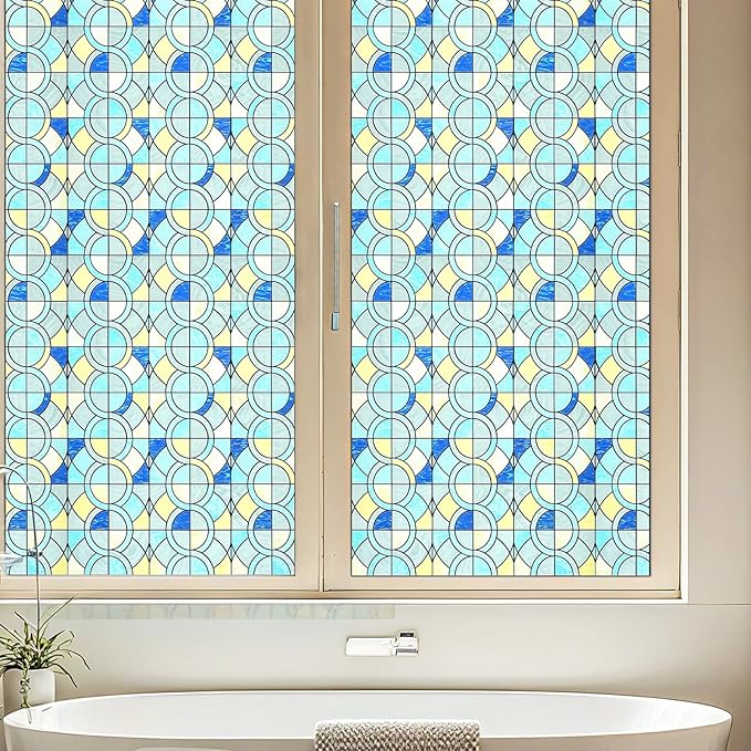Window Privacy Film, Frosted Glass Decorative Static Cling, Removable Sun Blocking Vinyl Covering, Window Film for Home Kitchen Living Room Bathroom, Geometric Rings, 17.5" x 78.7 "