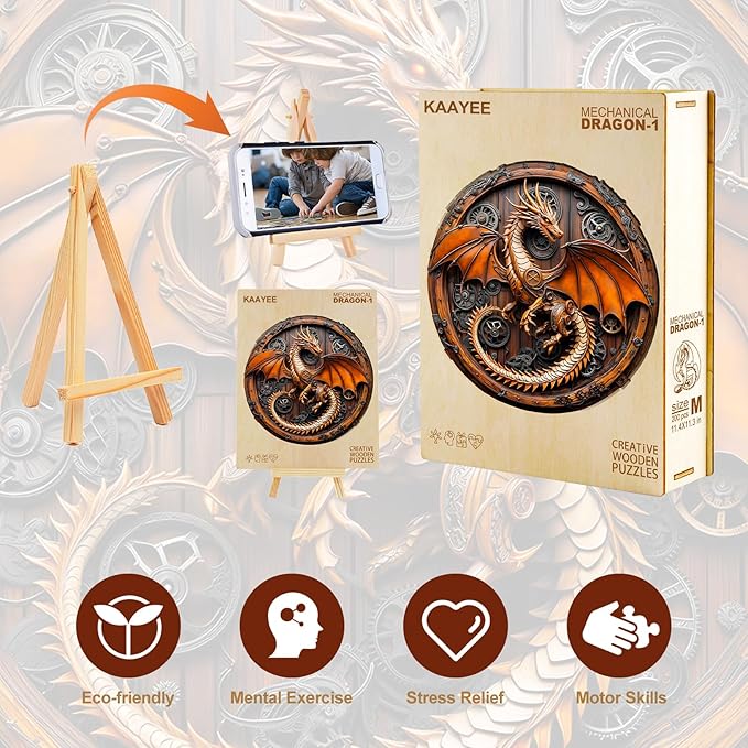 KAAYEE Wooden Puzzles for Adults, 3D Vision Mechanical Dragon Wooden Jigsaw Puzzles, Unique Shape Advanced Wood Puzzle Adult Birthday Fathers Mothers Gifts Family Games (M-11.4 * 11.3in-200pcs)