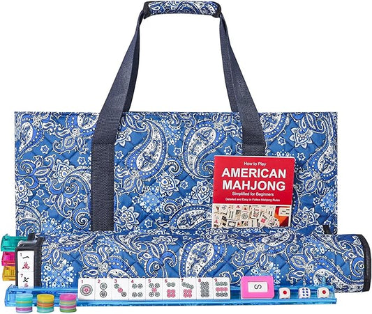 American Mahjong Game Set, 166 Quality White Tiles, 4 All-in-One Color Rack/Pushers, Mahjong Tile Set with Blue Printed Carrying Bag