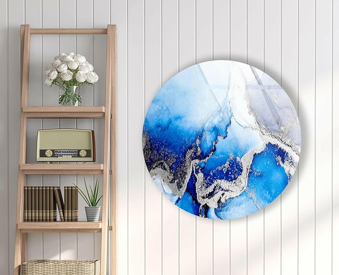 My Photostation.com 20''(50cm) Diameter Blue Marble Round with Silver Details Glass Wall Art Tempered Glass Printing Wall Decor Large Wall Art Wall Hangings