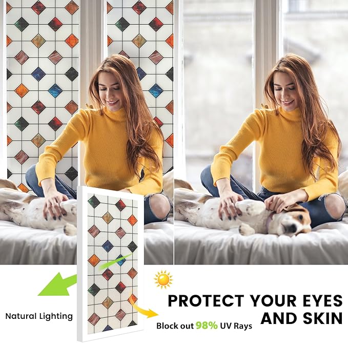 DKTIE Stained Glass Window Film Geometric Patterns, Fine Frosted Window Clings for Glass Windows, Waterproof for Bathroom Window Privacy Film Day and Night (S533, 35.4in X 118.1in)