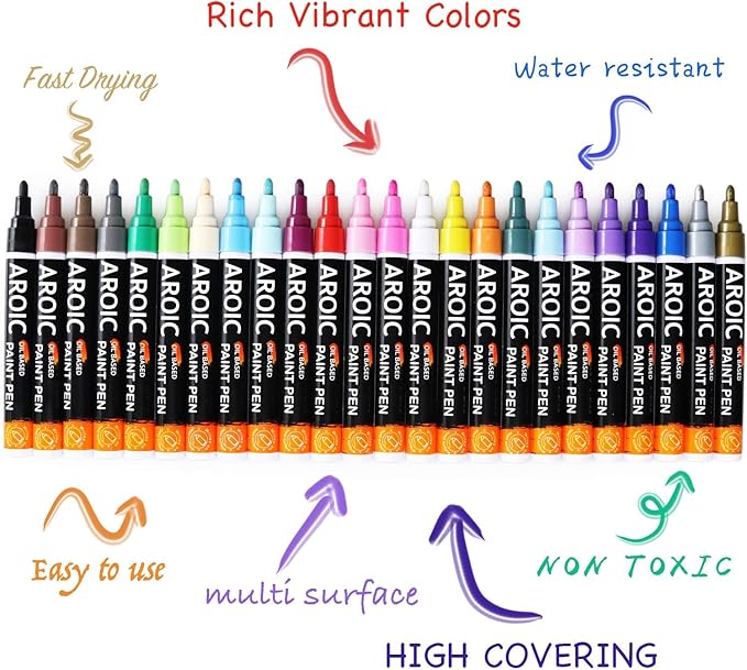AROIC 48 Pack Oil-Based Paint Markers Medium Tip - Low Odor Rock Painting Pens for Wood, Metal, Plastic, Glass, Canvas, Ceramic Surfaces | 2025 Artist Professional Kit