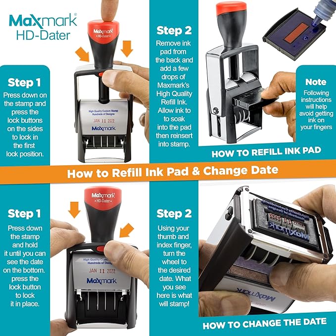 MaxMark Heavy Duty Self Inking Date Stamp with Phrase Entered - Red Ink