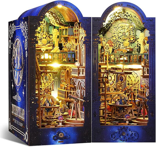 DIY Book Nook Kit Dollhouse Magic Booknook Bookshelf Insert Decor 3D Wooden Puzzle Bookend Miniature Kit with Sensor Light Creative Craft/Home Decoration for Adult (Interstellar Exploration)