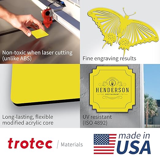 Trotec TroLase | 12"x24"x1/8", 4 Pcs | Yellow/Black | 2 Ply | Modified Acrylic | Laser Engraving Double Color Plastic Sheet | Engraving Blanks for Laser, Saw, Guillotine | Made in USA