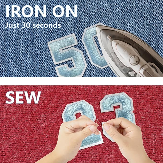 Number Iron On Patches, Numbers 0-9 Embroidery Applique Patch, DIY Decorative Heat Press Patches for Clothing Jeans Jackets Backpacks Hats (Light Blue 50 Pcs)