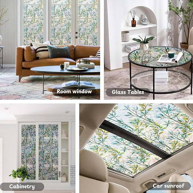 NINETREX Window Privacy Film Stained Glass Window Film 3D Decorative Cling,Sun Blocking Static Cling Removable Film for Glass Door,Home Decor Window Cover Non-Adhesive 11.8 x 78.7 inches,Leaf