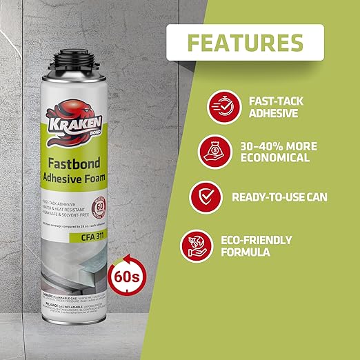 Kraken Bond Fastbond Spray Foam Adhesive (1x24oz.) - Heavy Duty Construction Adhesive for Insulation, Wall & Facade, Concrete, Stone, Subfloor, XPS & EPS Foam Board, Gun&Cleaner Included | 1 Pack