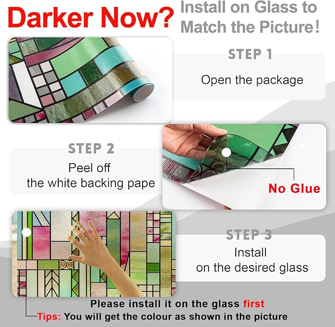 LuminManta 3D Stained Glass Window Privacy Film, Heat Control UV Blocking Static Cling Decorative Window Film for Bathroom,Front Door,Home Non Adhesive 23.6 x 35.4 inches Colorful Abstraction