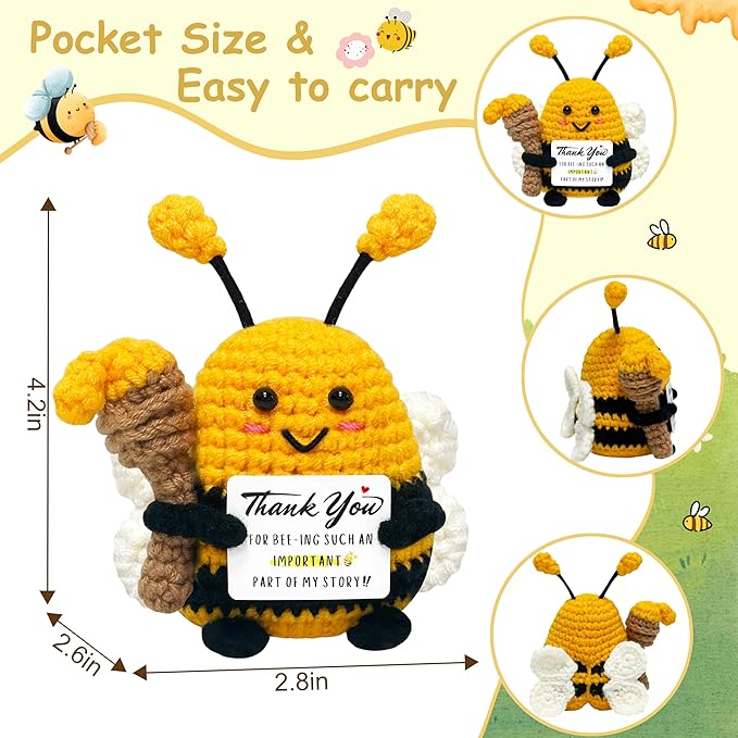 Thank You Gifts for Women Men - Appreciation Gifts for Coworker, Boss, Mom, Friends, Wife, Positive Bee Crochet Animals, Teacher Appreciation Gift, Thank You Cheer Up Gift, Handmade Crochet Bee Decor