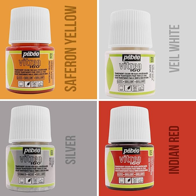 Pebeo Vitrea 160 Glass Paint - Transparent Colour Glossy and Brilliant - Made in France - DIY Craft Paint for Stained Glass and More - Set of 8 Colors Bundled Application Brushes