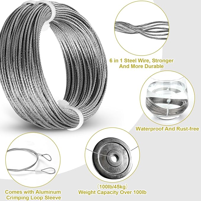 88Pcs Heavy Duty Picture Hanging Wire Kit, Include 50Ft Stainless Steel Wire Picture Hanging for Photo Mirror Frame, up to 110lbs, D Ring, Picture Hangers, Screws, Hanging Hooks, Nails, Level