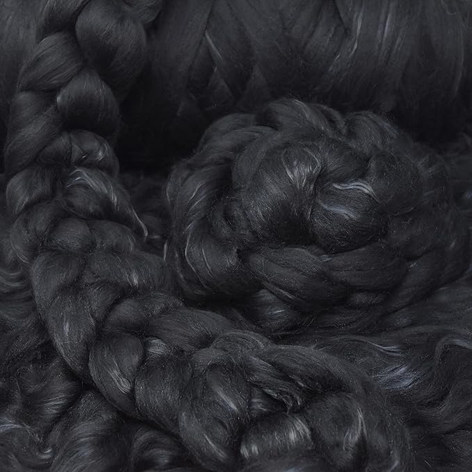 Merino Silk Luxe Tonal Designer Blend. Superfine Merino, Mulberry Silk, Tussah Silk. Top Roving for Spinning or Felting. Obsidian 4oz