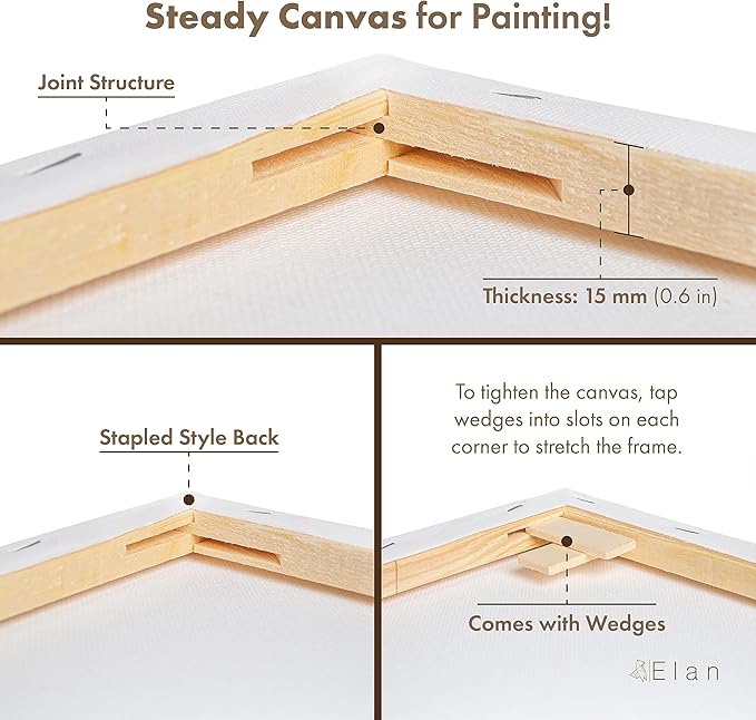 Elan Stretched Canvases 12x16, 6-Pack Canvases for Painting Painting Canvas Bulk, Stretched Canvas for Adults Blank Canvas for Painting, Painting Canvases, Paint Canvases for Painting, Art Canvas