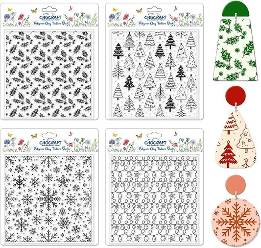 CHGCRAFT 4 Pcs Christmas Elements Polymer Clay Texture Sheets Snowflakes Silicone Texture Stamp Pine Trees Clay Texture Mat Modeling Pattern Pad Sheets for Jewelry and Earrings Tools, 5.5x5.5 inch