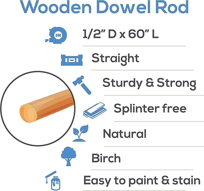 Dowel Rods Wood Sticks Wooden Dowel Rods 1/2 x 60 Inch Unfinished Hardwood Sticks for Crafts and DIYers 25 Pieces by Woodpeckers