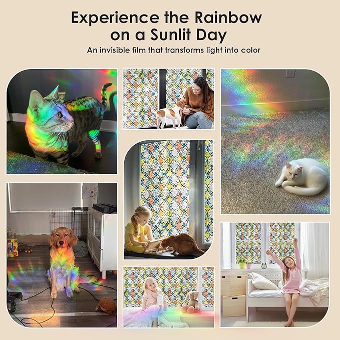 Window Privacy Film Rainbow Film Stained Glass 3D Static Cling Decorative Window Sticker for Bathroom,Front Door,Home Heat Control UV Blocking Non Adhesive,Diamond Grid 23.6 x 78.7inches