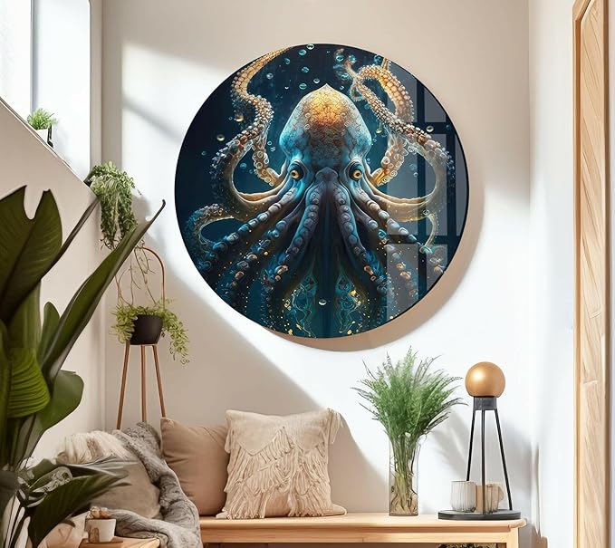 My Photostation.com 24Wx30H'' Underwater Blue Octopus Glass Wall Art Tempered Glass Printing Wall Decor Large Wall Art Wall Hangings