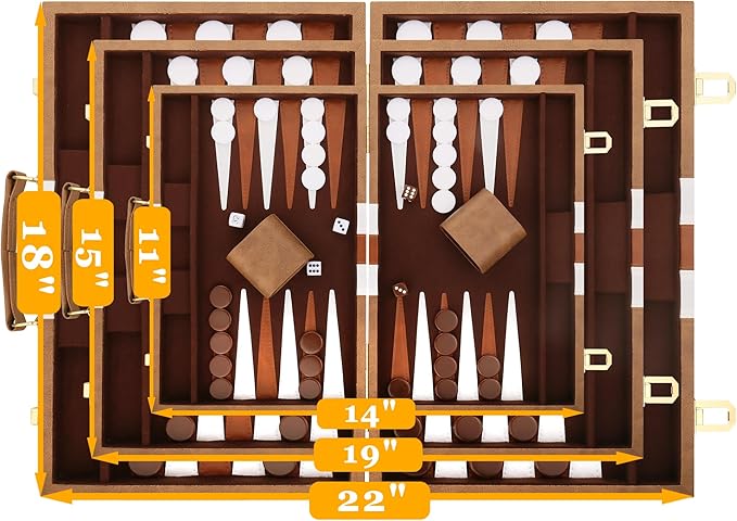 Backgammon Set - Classic Board Game with Premium Leather Case - Portable Travel Strategy Backgammon Game Set for Adults, Kids (15inch, Khaki)
