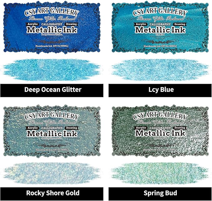 CSY art gallery Metallic Acrylic Ink-Craft Paint-Calligraphy Inks,Glitter-Pearlescent -ICY Blue Drawing Ink Liquid Gold Leaf Paints with Dropper, 1oz - 29.5 ml (Ice Lake Mountains Set)
