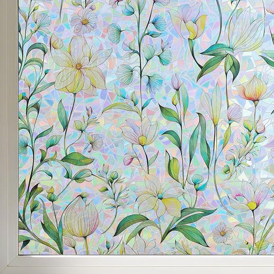 FINNEZ Window Privacy Film Stain Glass Film Flowers Rainbow Window Film Window Clings Non-Adhesive Reusable Decorative for Home（Forest Rainbow，35.4 Inch x 6.5 Feet）