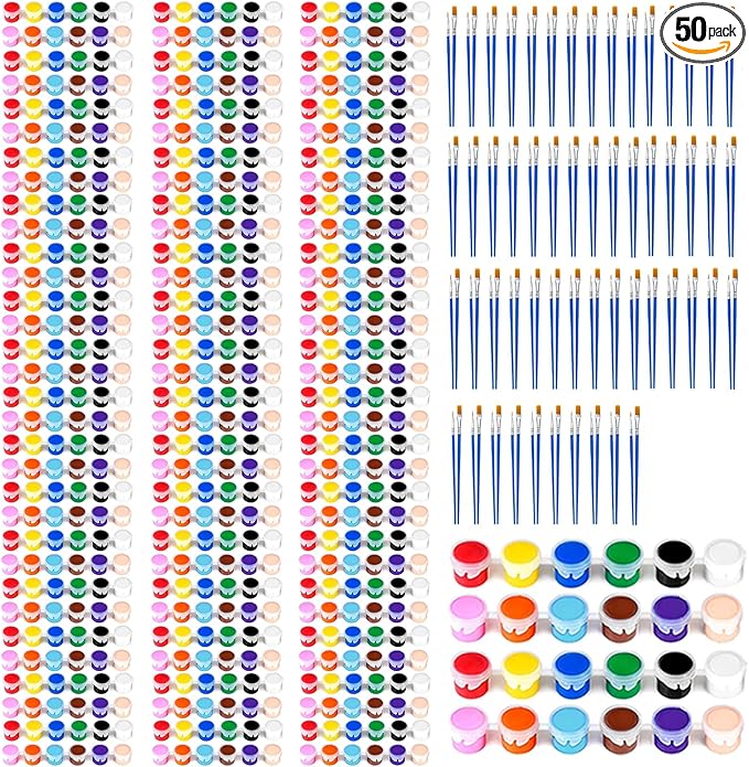 OLINGYOU 50 Pack Mini Acrylic Paint Set, 12 Colors Washable Paint Strips for Kids & Adults - Includes 100 Brushes, 600 PCS Kids Paint Kits for Easter Eggs, Birthday, Classroom Party，School Supplies