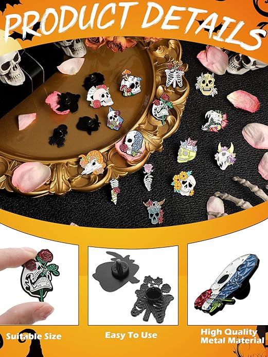 BBTO 20 Pieces Enamel Pins Skull Spooky Skeleton Enamel Pins Set Black Decorative Cartoon Goth Skull Horror Dark Brooch Cute Lapel Buttons for Jacket Backpack Hat Halloween