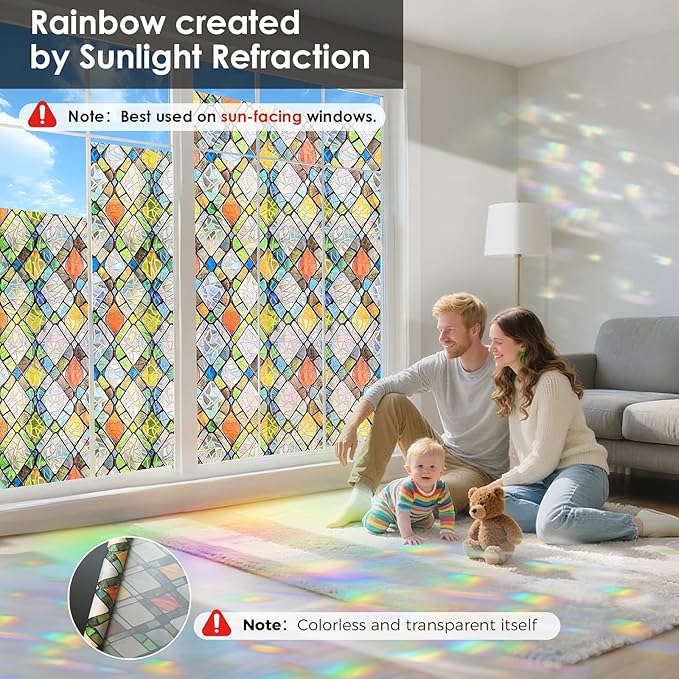 Window Privacy Film Rainbow Film Stained Glass 3D Static Cling Decorative Window Sticker for Bathroom,Front Door,Home Heat Control UV Blocking Non Adhesive,Diamond Grid 23.6 x 78.7inches
