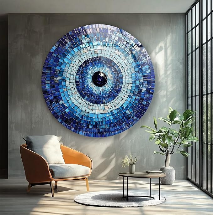 My Photostation.com 31.5''(80cm) Diameter Blue Mosaic Evil Eye Round Glass Wall Art Tempered Glass Printing Wall Decor Large Wall Art Wall Hangings