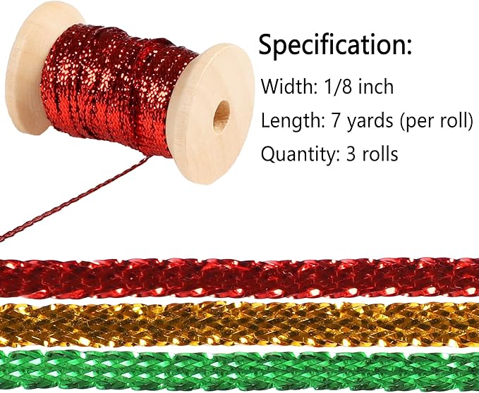 Christmas Set Thin Ribbon 1/8 inch Metallic Braided Double Faced Ribbons Curling Ribbons for Balloon String Crafts Gift Wrapping Party Wedding Christmas Ornaments Decoration 7 Yard x 3 Rolls