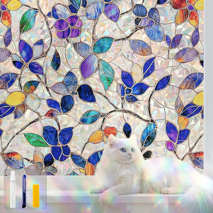 Stained Glass Window Privacy Film Decorative Rainbow Static Clings – Ideal for Home & Office, Adhesive-Free, Removable, UV-Blocking(Purple Rainbow, 23.6 X 78.7 in)