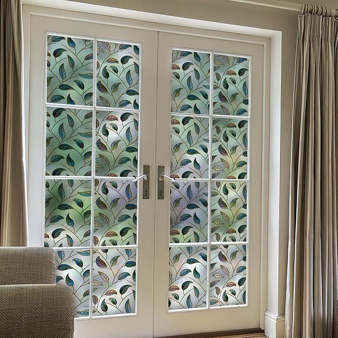 DKTIE Static Cling Decorative Window Film Vinyl Non Adhesive Privacy Film with Installation Kit, Multilayer UV Inkjet Technology, 3D Thickened Stained Film, Vintage Leaf Pattern, 35.4 x 78.7 Inches