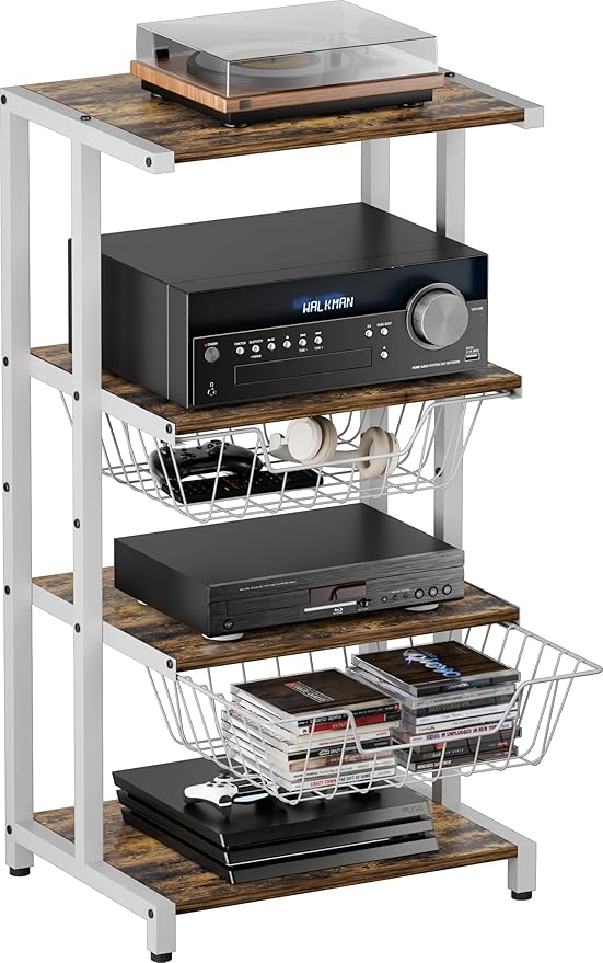 Media Stand with Two Detachable Baskets, 4-Tier AV Media Stand Corner Shelf for DVD Players/Cable Boxes/Games Consoles, Audio Storage Rack for Living Room, Gaming Room, Music Studio, White