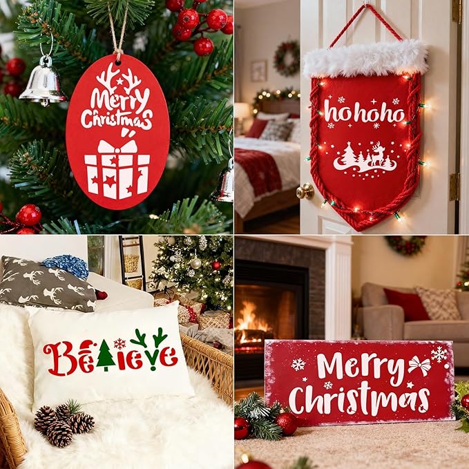 34pcs Christmas Stencils for Painting On Wood Reusable Xmas Stencils Set Holiday Templates for DIY Crafts Home Decor Art Projects