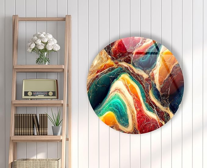 My Photostation.com 20''(50cm) Diameter Colorful Marble Swirl Round Wall Art Abstract Glass Decor with Earthy Tones & Gemstone Texture