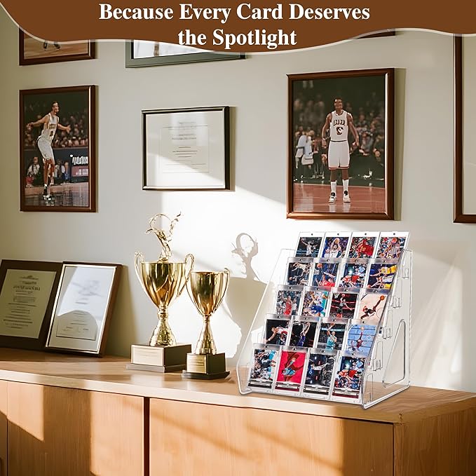 Elevated 5 Tier Clear Acrylic Card Display Stand for Trading Cards, Sports Cards, Greeting Cards, Stickers – Slanted Holder for PSA Slabs, Vendors, Collectors & Retail (5 Tier 1 Pack)