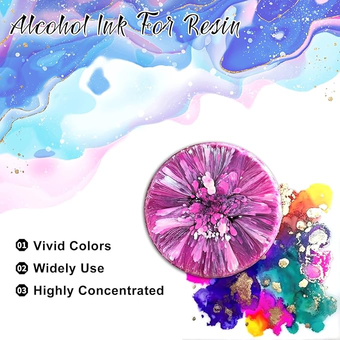 FansArriche Alcohol Inks for Resin, 64 Colors High Concentrated Alcohol Ink Set for Epoxy Resin, Alcohol-Based Resin Ink for Coasters, Fluid Painting Crafts, Tumbler Making, 10 ml Each