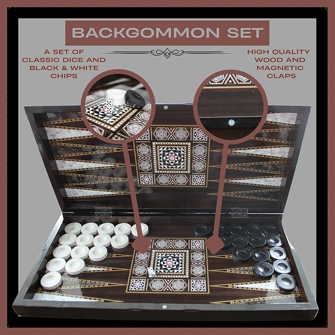 Park Oz Pearl Premium Turkish Backgammon and Checkers Set 19 Inch Handmade 2 in 1 Wooden Board Game with Glossy Finish Luxury Checkers and Dice Travel Friendly and Foldable