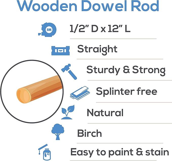 Dowel Rods Wood Sticks Wooden Dowel Rods - 1/2 x 12 Inch Unfinished Hardwood Sticks - for Crafts and DIYers - 50 Pieces by Woodpeckers