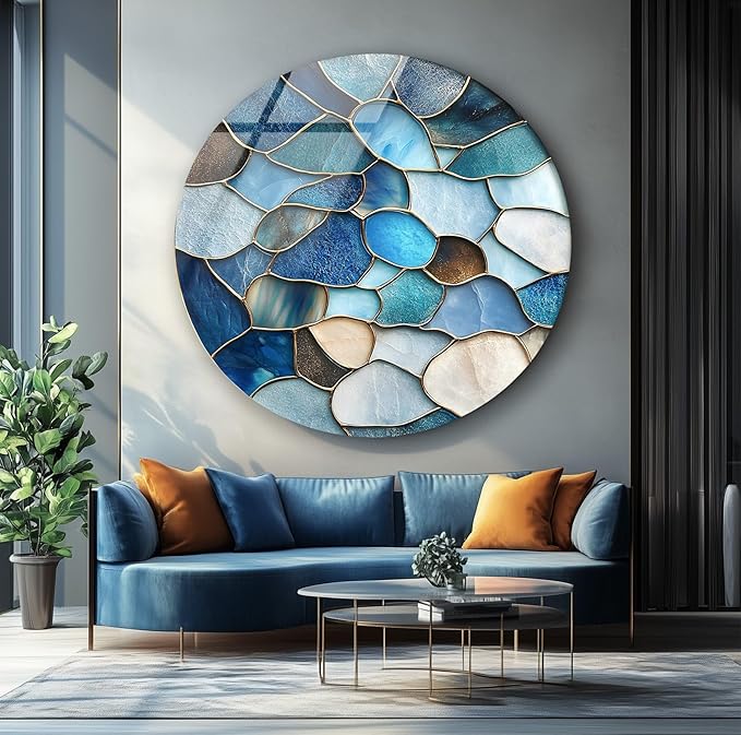 My Photostation.com 31.5''(80cm) Diameter Coastal Blue Stone Mosaic Round Glass Wall Art Tempered Glass Printing Wall Decor Large Wall Art Wall Hangings